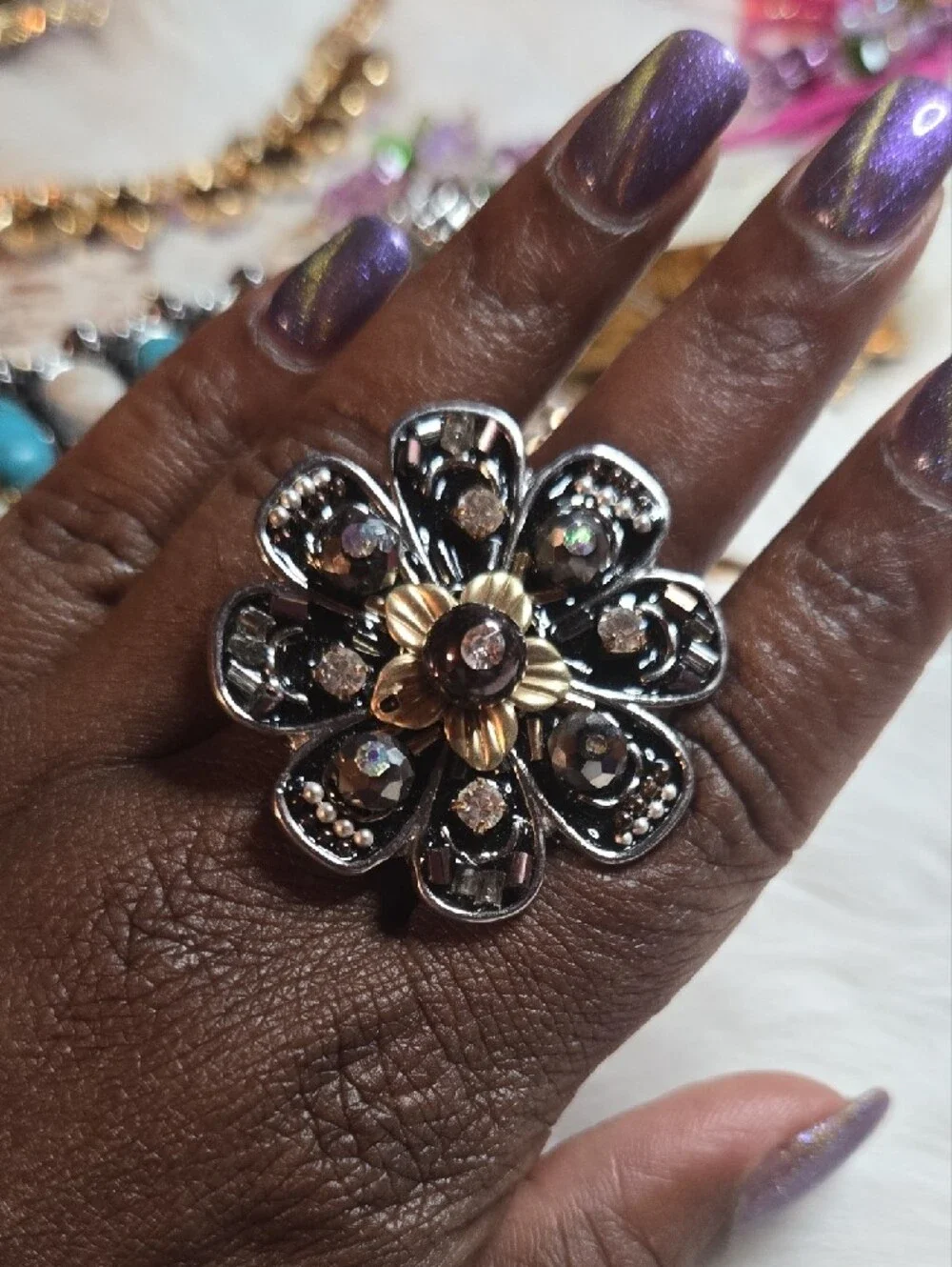 Black and Gold Flower Statement Adjustable Ring  NWOT